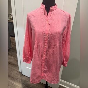 Max Mara pink button down tunic pin tuck pleats band collar balloon sleeves